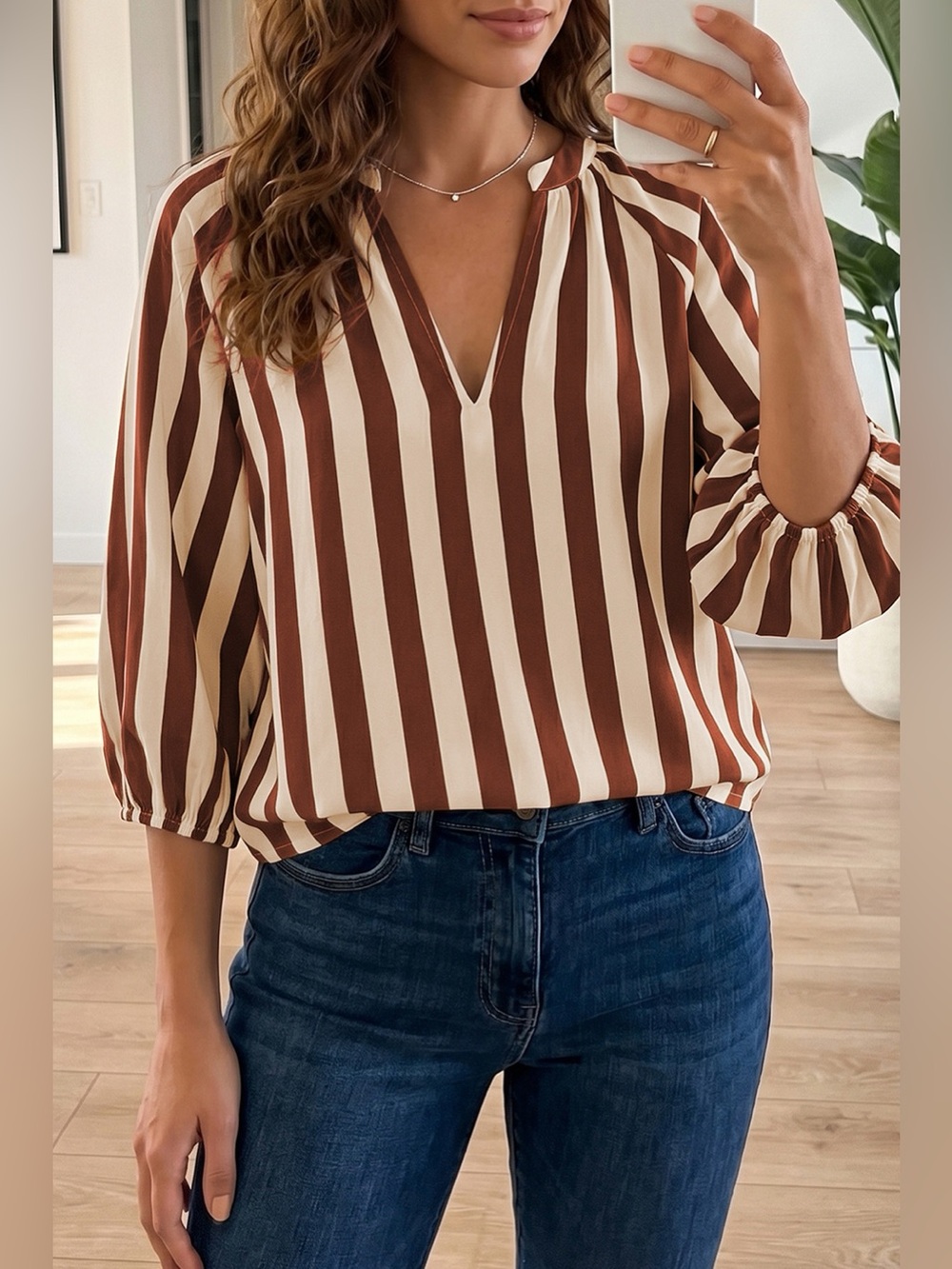 Striped Notched Half Sleeve Casual Blouse